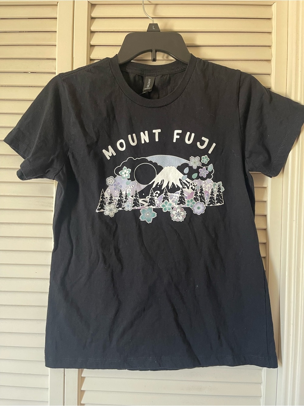 Gildan Black Mount Fuji Graphic Tee with Pastel Floral Accents